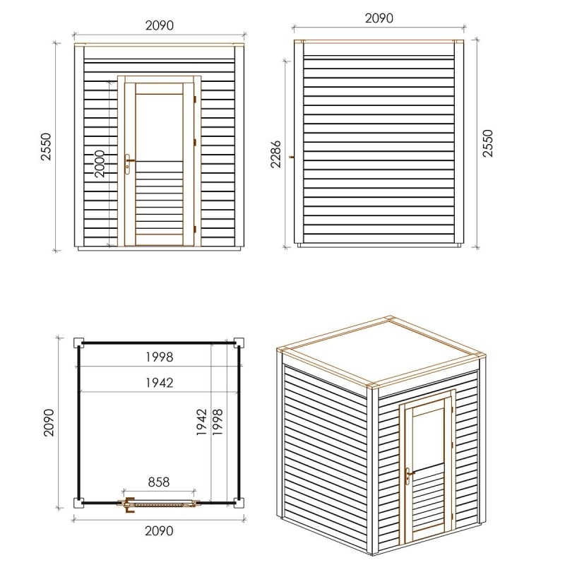 Abri de jardin en bois Luma 2.09x2.09m - 4.37m2 - Ep. 28mm - Traité