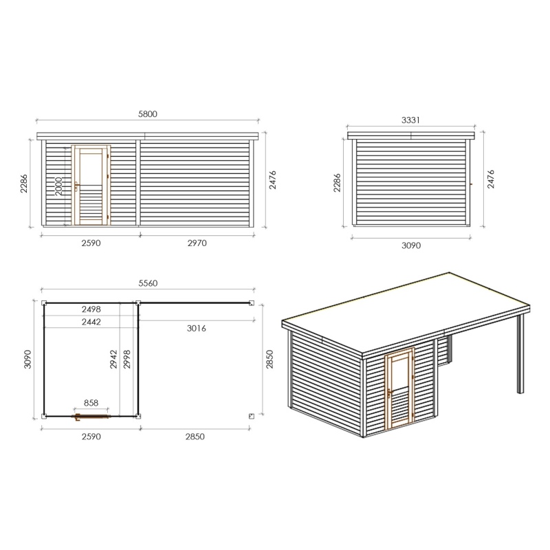 Abri de jardin en bois Rava 2.59x3.09m - 17.18m2 - Ep. 28mm - Traité