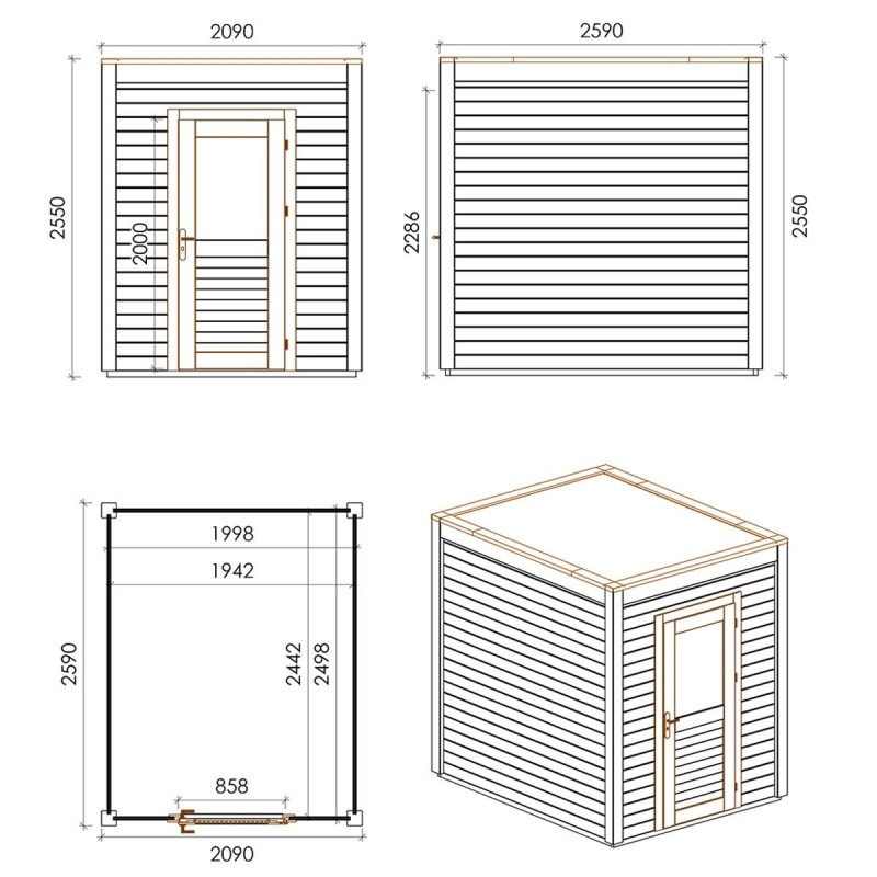Abri de jardin en bois Luma 2.09x2.59m - 5.41m2 - Ep. 28mm - Traité