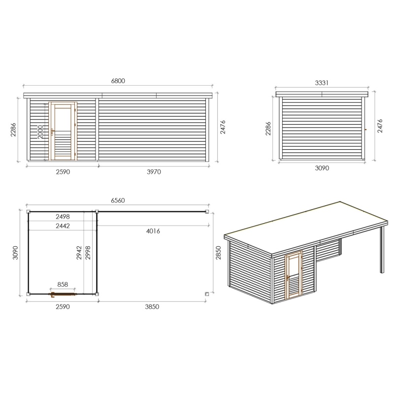 Abri de jardin en bois Rava 2.59x3.09m - 20.27m2 - Ep. 28mm - Traité