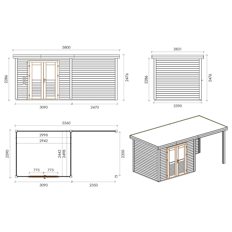 Abri de jardin en bois Aura 5.56x2.59m - 14.4m2 - Ep. 28mm - Traité