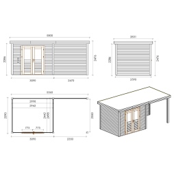 Abri de jardin en bois Aura 5.56x2.59m - 14.4m2 - Ep. 28mm - Traité