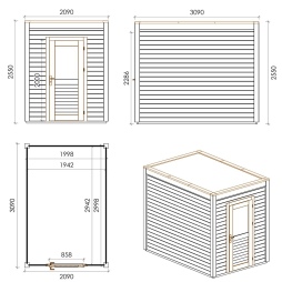Abri de jardin en bois Luma 2.09x3.09m - 6.46m2 - Ep. 28mm - Traité