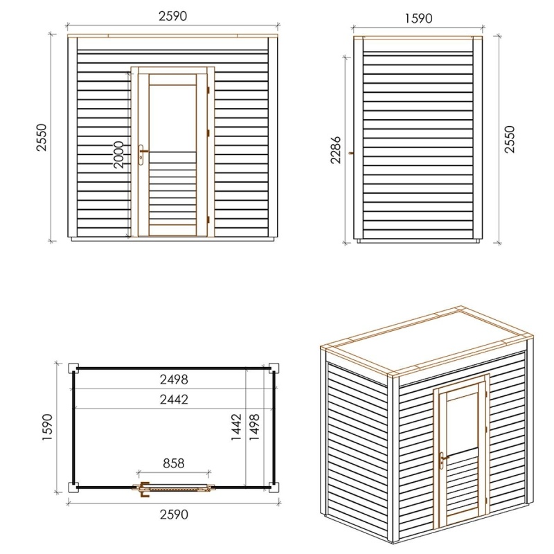 Abri de jardin en bois Nexa 2.59x1.59m - 4.12m2 - Ep. 28mm - Traité