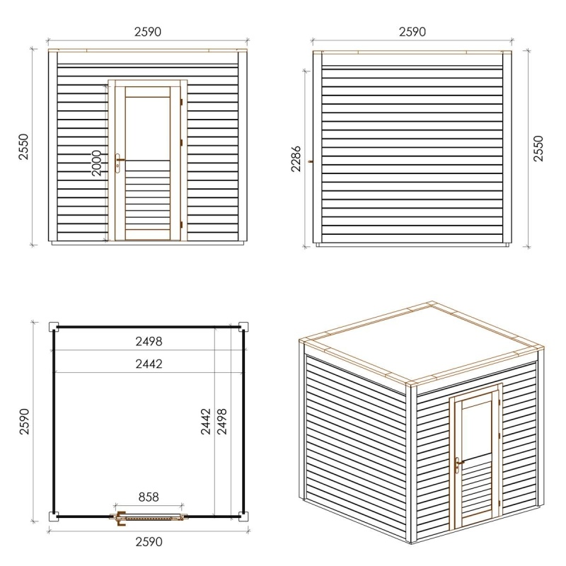Abri de jardin en bois Nexa 2.59x2.59m - 6.71m2 - Ep. 28mm - Traité