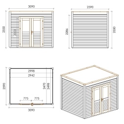 Abri de jardin en bois Sora 3.09x2.59m - 8m2 - Ep. 28mm - Traité