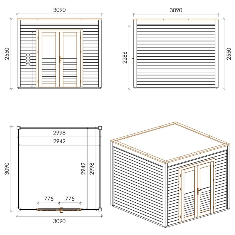 Abri de jardin en bois Sora 3.09x3.09m - 9.55m2 - Ep. 28mm - Traité