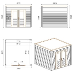 Abri de jardin en bois Sora 3.09x3.09m - 9.55m2 - Ep. 28mm - Traité