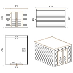 Abri de jardin en bois Sora 3.09x4.09m - 12.64m2 - Ep. 28mm - Traité