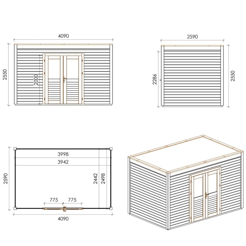 Abri de jardin en bois Nova 4.09x2.59m - 10.59m2 - Ep. 28mm - Traité