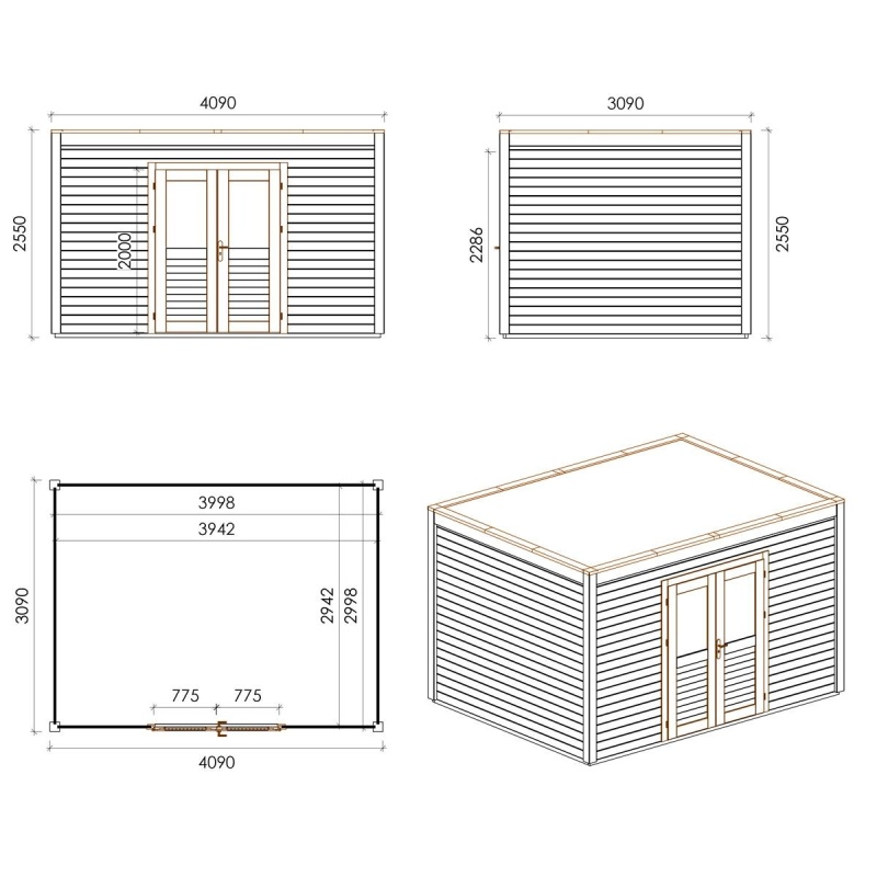Abri de jardin en bois Nova 4.09x3.09m - 12.64m2 - Ep. 28mm - Traité