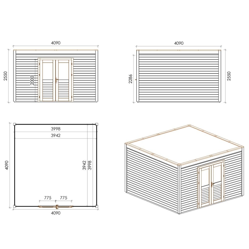 Abri de jardin en bois Nova 4.09x4.09m - 16.73m2 - Ep. 28mm - Traité