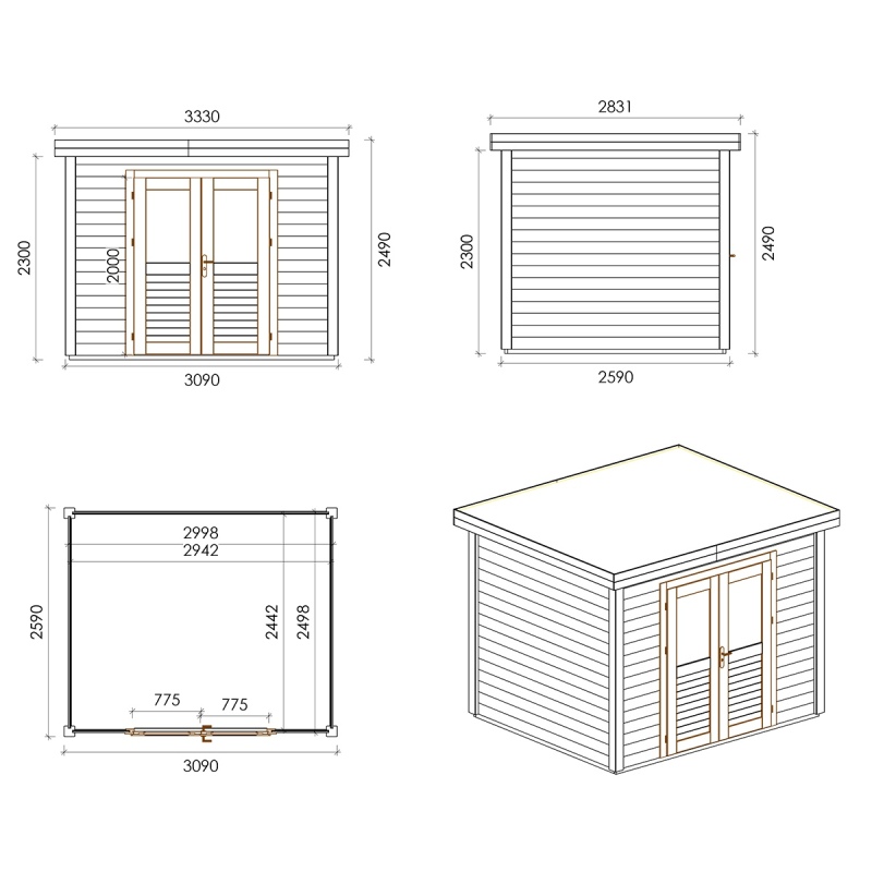 Abri de jardin en bois Aura 3.09x2.59m - 8m2 - Ep. 28mm - Traité