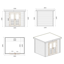 Abri de jardin en bois Aura 3.09x2.59m - 8m2 - Ep. 28mm - Traité