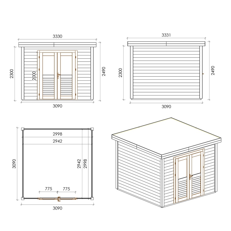 Abri de jardin en bois Aura 3.09x3.09m - 9.55m2 - Ep. 28mm - Traité