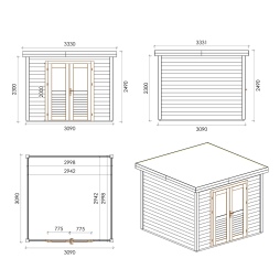 Abri de jardin en bois Aura 3.09x3.09m - 9.55m2 - Ep. 28mm - Traité