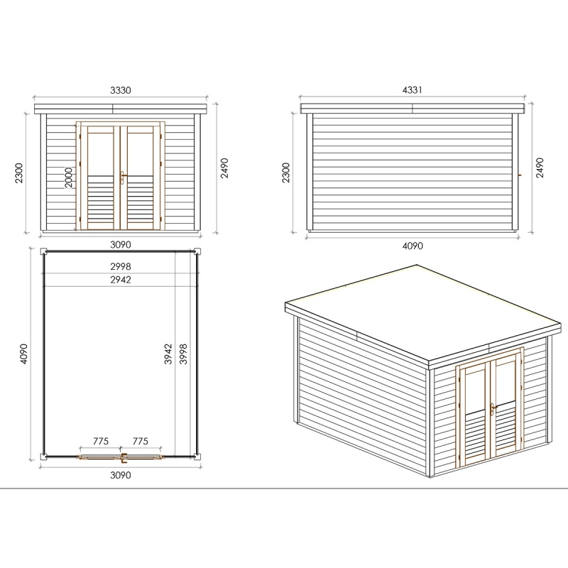Abri de jardin en bois Aura 3.09x4.09m - 12.64m2 - Ep. 28mm - Traité
