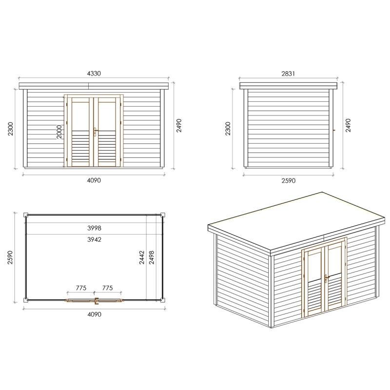 Abri de jardin en bois Freya 4.09x2.59m - 10.59m2 - Ep. 28mm - Traité