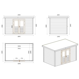 Abri de jardin en bois Freya 4.09x2.59m - 10.59m2 - Ep. 28mm - Traité