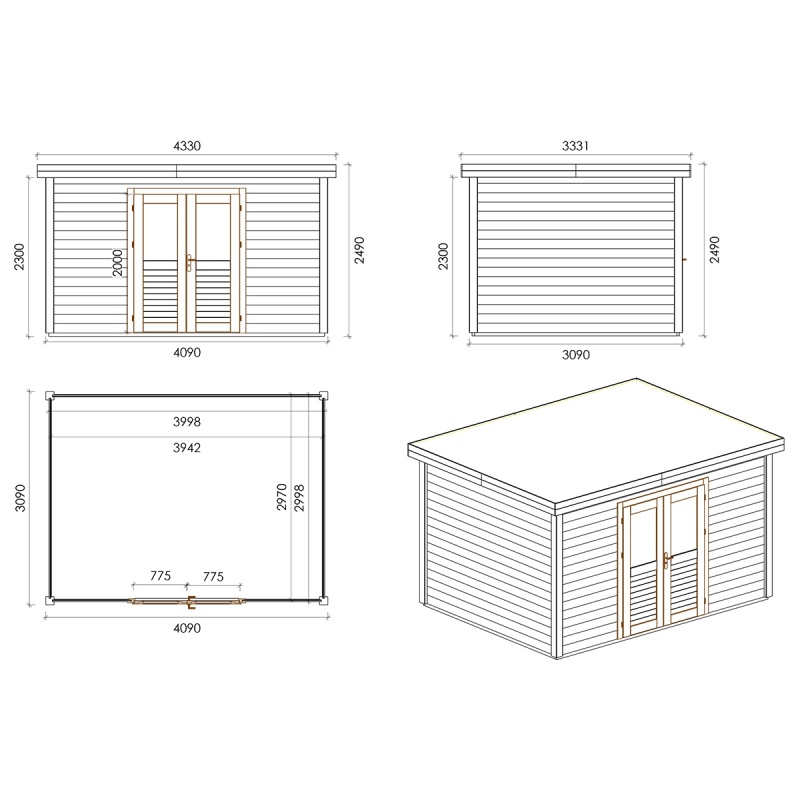 Abri de jardin en bois Freya 4.09x3.09m - 12.64m2 - Ep. 28mm - Traité