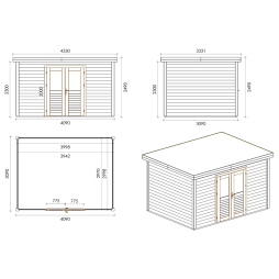 Abri de jardin en bois Freya 4.09x3.09m - 12.64m2 - Ep. 28mm - Traité