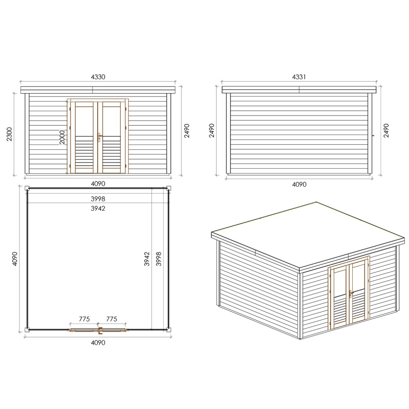 Abri de jardin en bois Freya 4.09x4.09m - 16.73m2 - Ep. 28mm - Traité