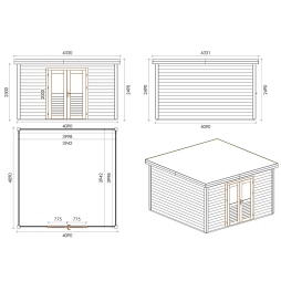 Abri de jardin en bois Freya 4.09x4.09m - 16.73m2 - Ep. 28mm - Traité