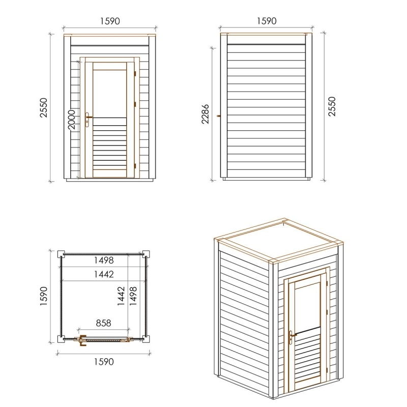 Abri de jardin en bois Veya 1.59x1.59m - 2.53m2 - Ep. 28mm - Traité