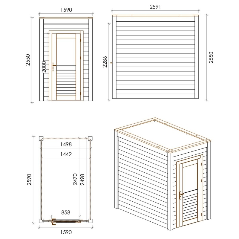 Abri de jardin en bois Veya 1.59x2.59m - 4.12m2 - Ep. 28mm - Traité