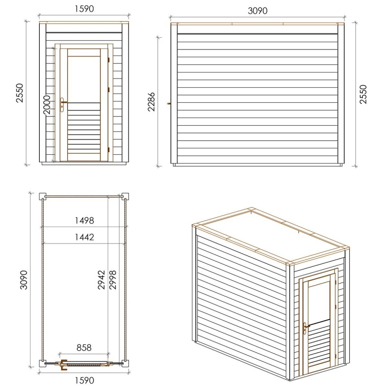 Abri de jardin en bois Veya 1.59x3.09m - 4.91m2 - Ep. 28mm - Traité