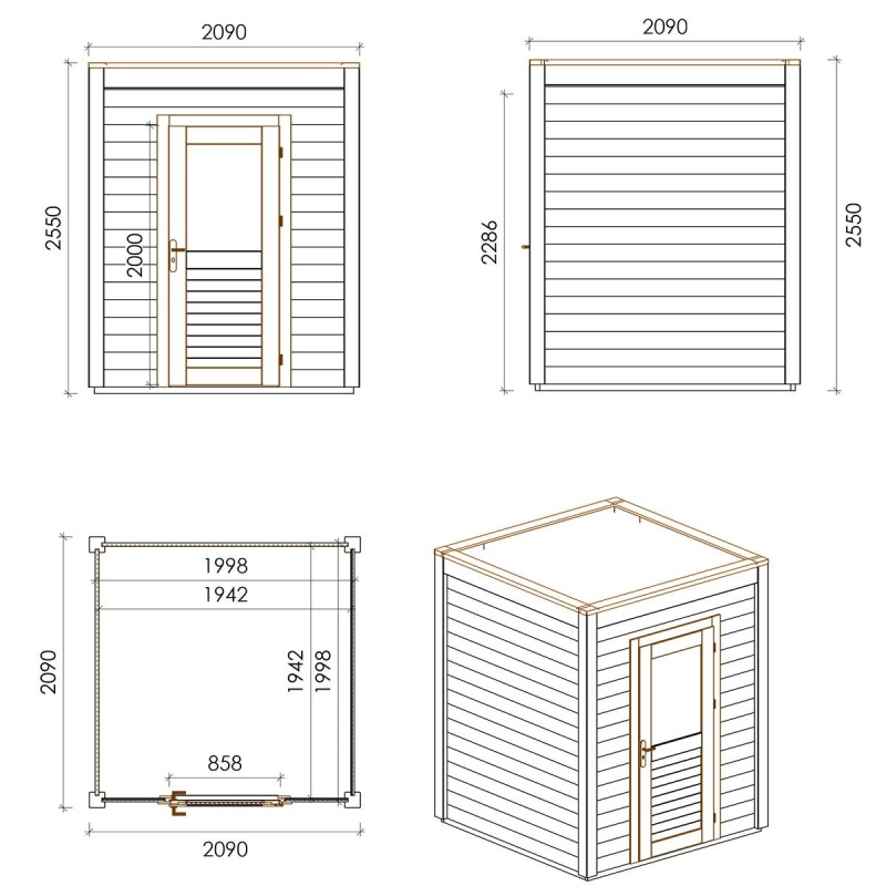 Abri de jardin en bois Luma 2.09x2.09m - 4.37m2 - Ep. 28mm - Traité