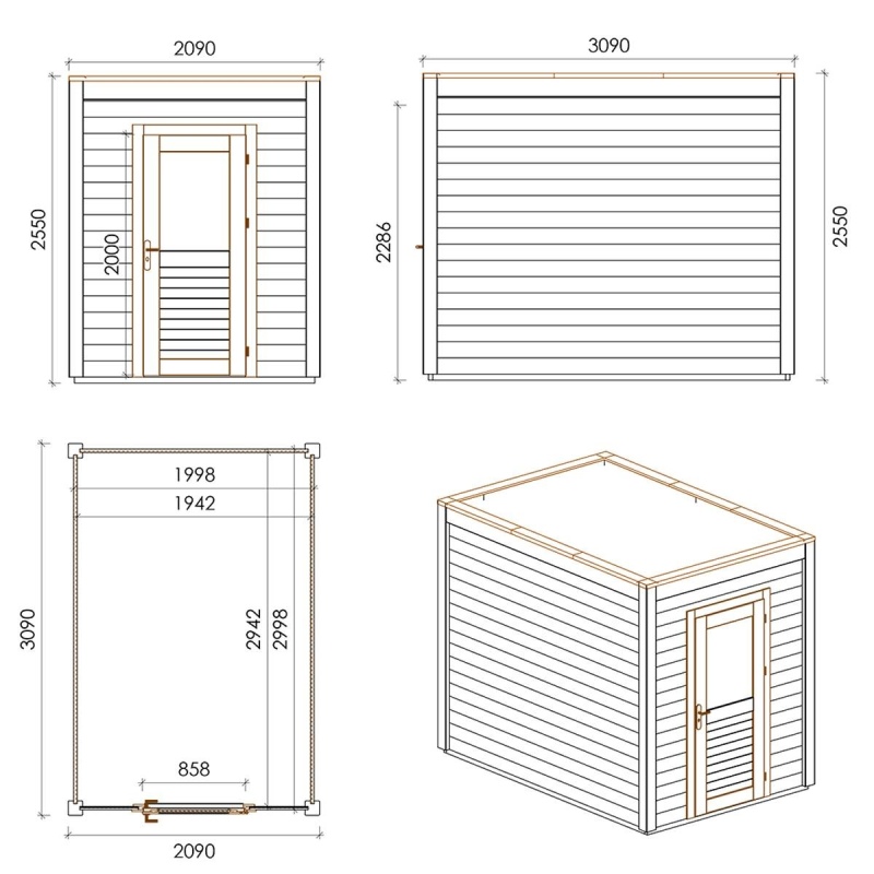 Abri de jardin en bois Luma 2.09x3.09m - 6.46m2 - Ep. 28mm - Traité