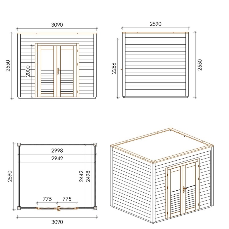 Abri de jardin en bois Sora 3.09x2.59m - 8m2 - Ep. 28mm - Traité