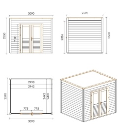 Abri de jardin en bois Sora 3.09x2.59m - 8m2 - Ep. 28mm - Traité