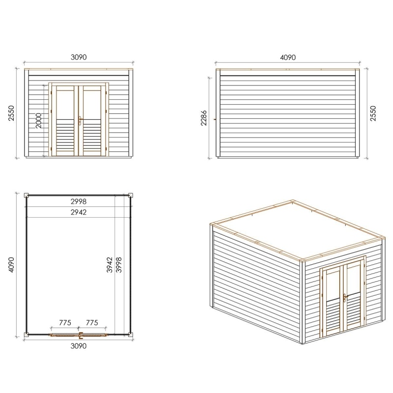 Abri de jardin en bois Sora 3.09x4.09m - 12.64m2 - Ep. 28mm - Traité