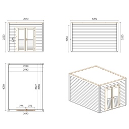 Abri de jardin en bois Sora 3.09x4.09m - 12.64m2 - Ep. 28mm - Traité