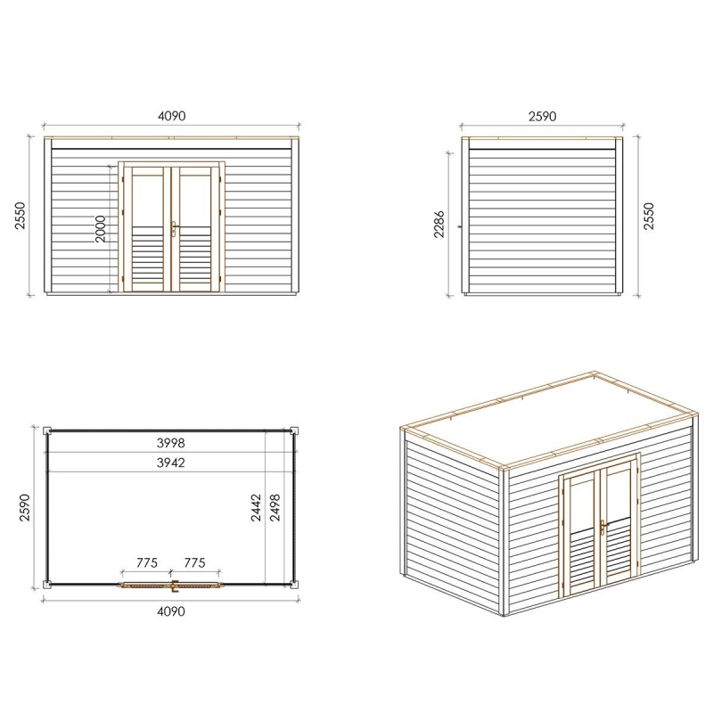 Abri de jardin en bois Nova 4.09x2.59m - 10.59m2 - Ep. 28mm - Traité