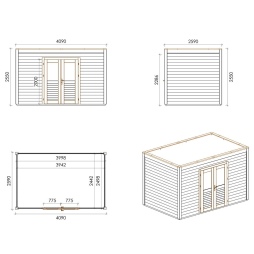 Abri de jardin en bois Nova 4.09x2.59m - 10.59m2 - Ep. 28mm - Traité