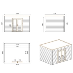 Abri de jardin en bois Nova 4.09x3.09m - 12.64m2 - Ep. 28mm - Traité