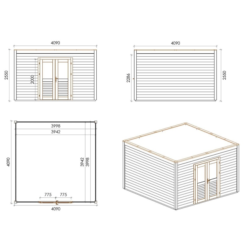 Abri de jardin en bois Nova 4.09x4.09m - 16.73m2 - Ep. 28mm - Traité