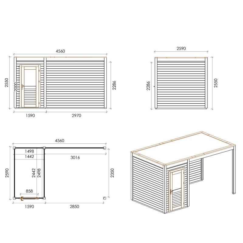Abri de jardin en bois Veya 4.56x2.59m - 11.81m2 - Ep. 28mm - Traité
