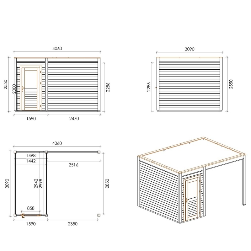 Abri de jardin en bois Veya 4.06x3.09m - 12.55m2 - Ep. 28mm - Traité