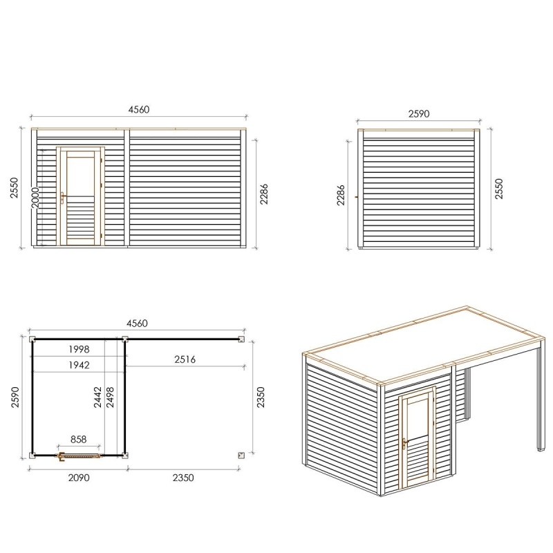 Abri de jardin en bois Luma 4.56x2.59m - 11.81m2 - Ep. 28mm - Traité