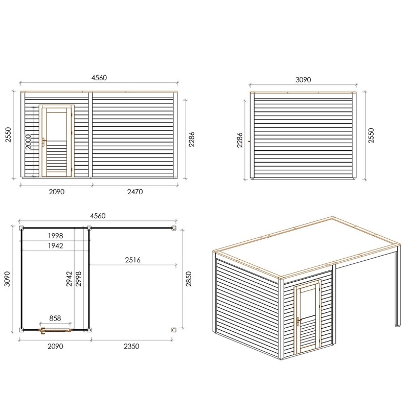 Abri de jardin en bois Luma 4.56x3.09m - 14.09m2 - Ep. 28mm - Traité