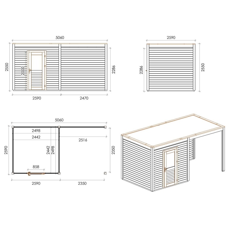 Abri de jardin en bois Nexa 5.06x2.59m - 13.11m2 - Ep. 28mm - Traité