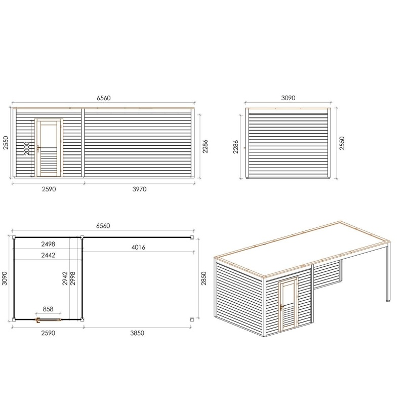 Abri de jardin en bois Nexa 6.56x3.09m - 20.27m2 - Ep. 28mm - Traité