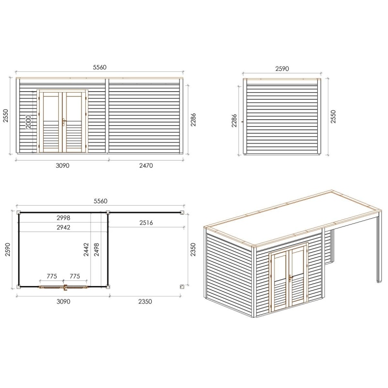 Abri de jardin en bois Sora 5.56x2.59m - 14.4m2 - Ep. 28mm - Traité