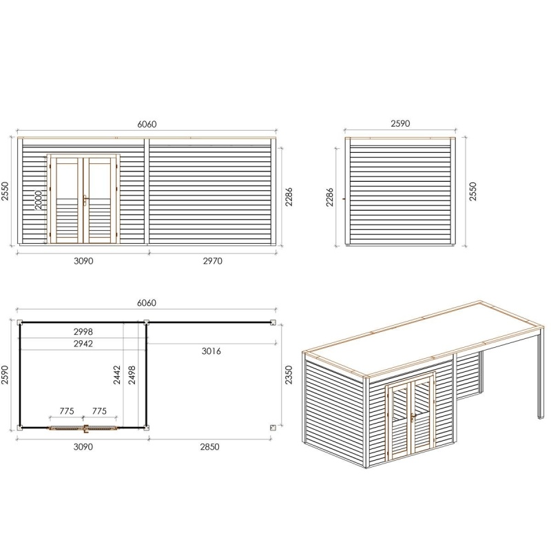 Abri de jardin en bois Sora 6.06x2.59m - 15.7m2 - Ep. 28mm - Traité