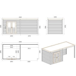 Abri de jardin en bois Sora 6.06x2.59m - 15.7m2 - Ep. 28mm - Traité