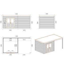 Abri de jardin en bois Sora 5.56x3.09m - 17.18m2 - Ep. 28mm - Traité